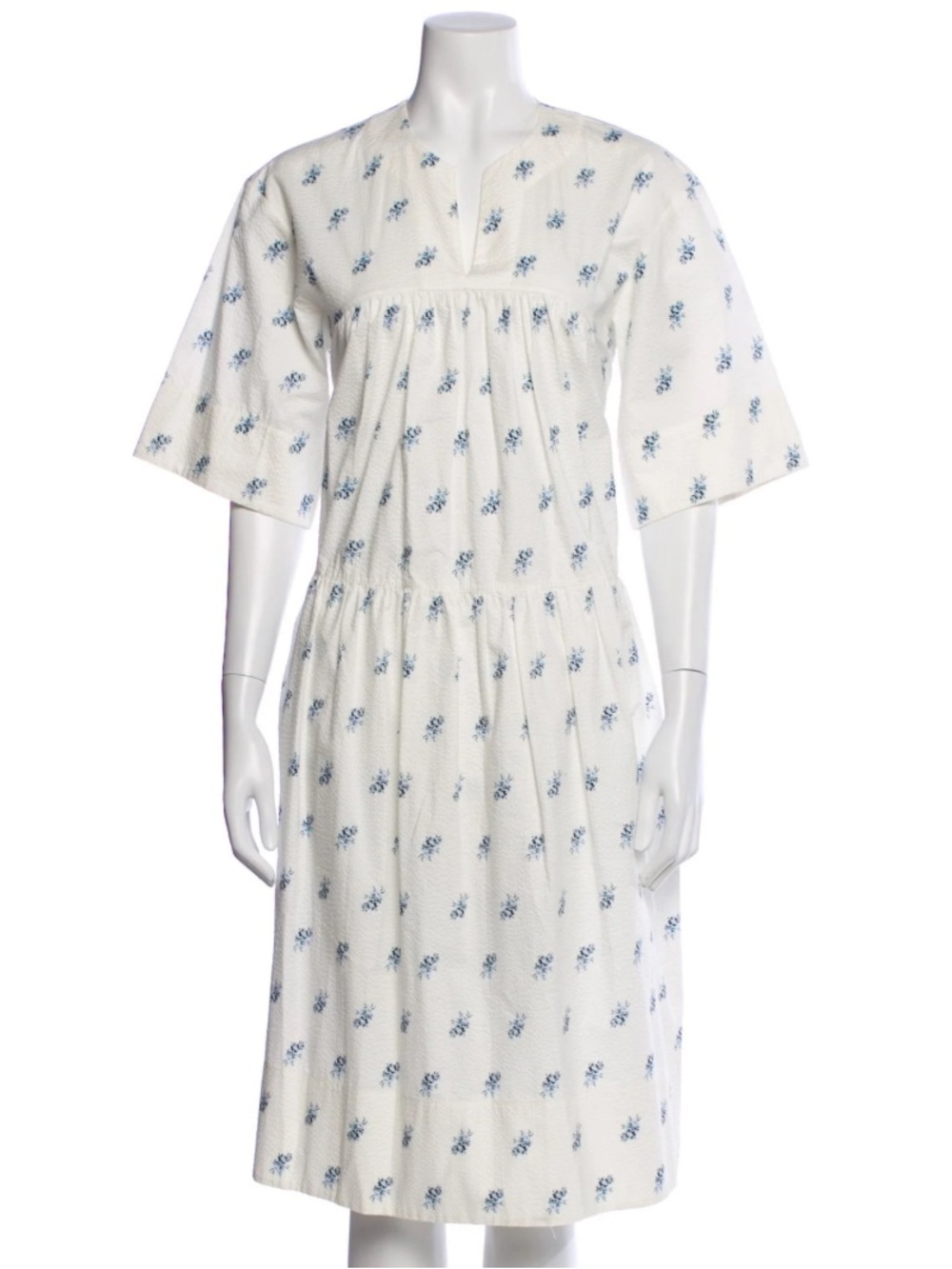 Lee Mathews White Midi Dress with Blue Floral Print 00